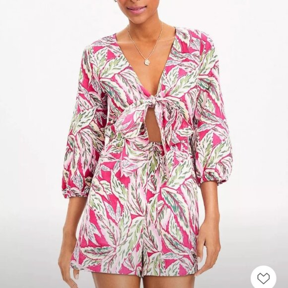 LOFT Beach Palm Tie-Front Linen Romper XS NWT Resort Cruise Vacation Summer - Picture 1 of 10